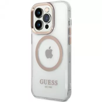 Guess GUHMP15SHTRMD Metal Outline hard case pre iPhone 15/14/13, zlatý, MagSafe