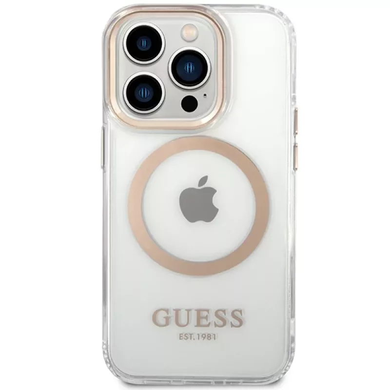 Guess GUHMP15SHTRMD Metal Outline hard case pre iPhone 15/14/13, zlatý, MagSafe