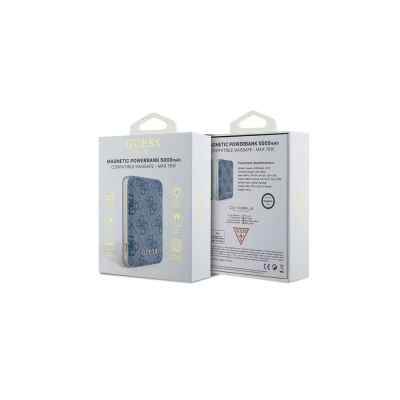 Guess bezdrôtová power banka 5000mAh modrá 4G kožená Metal Logo MagSafe 15W