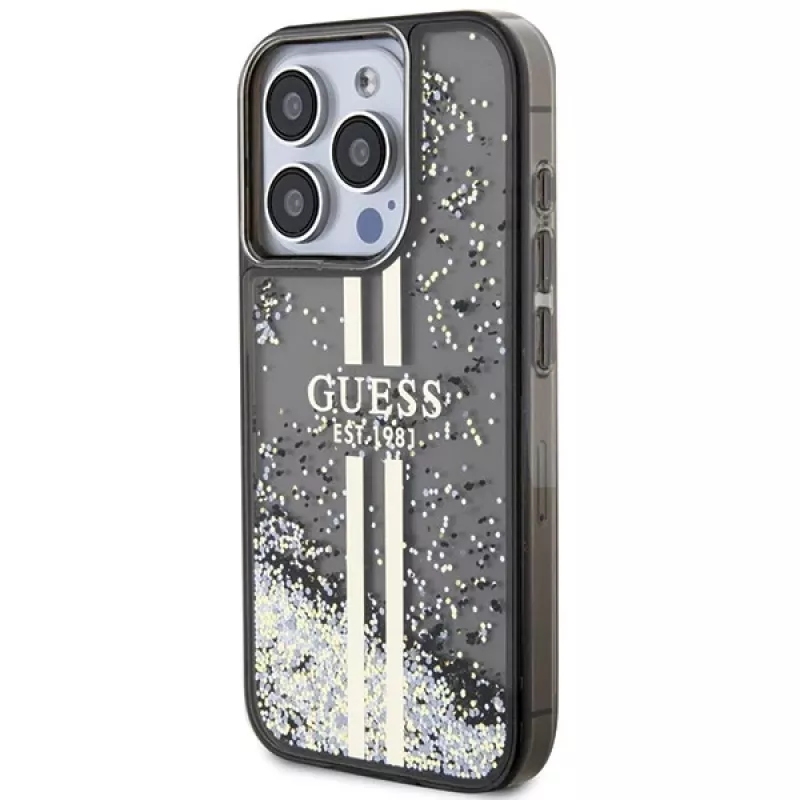 Guess GUHCP15LLFCSEGK iPhone 15 Pro 6.1 pevné puzdro Liquid Glitter Gold Stripes čierna