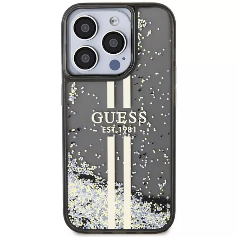 Guess GUHCP15LLFCSEGK iPhone 15 Pro 6.1 pevné puzdro Liquid Glitter Gold Stripes čierna