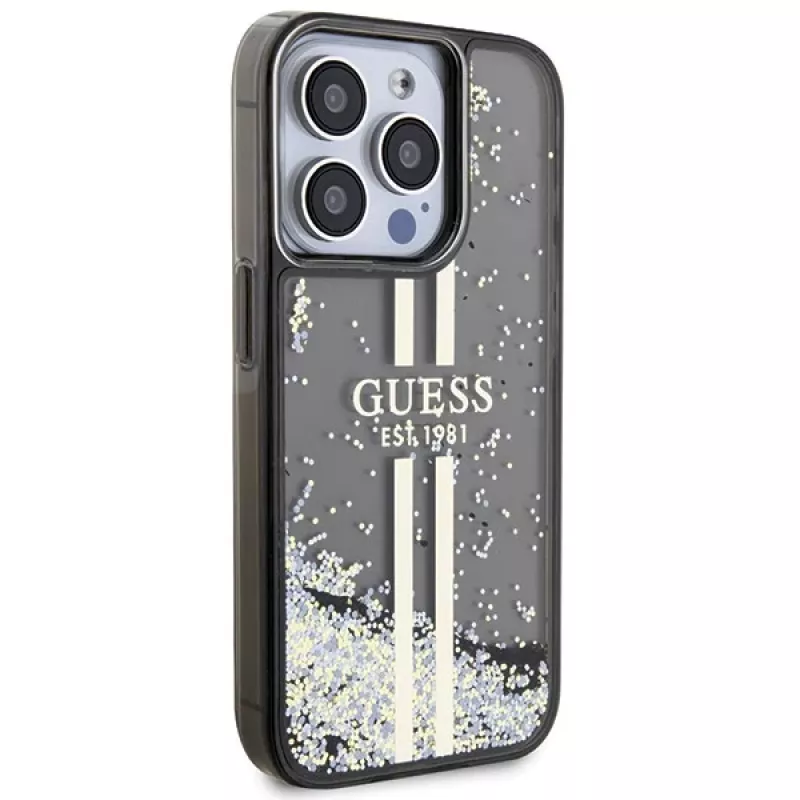 Guess GUHCP15LLFCSEGK iPhone 15 Pro 6.1 pevné puzdro Liquid Glitter Gold Stripes čierna