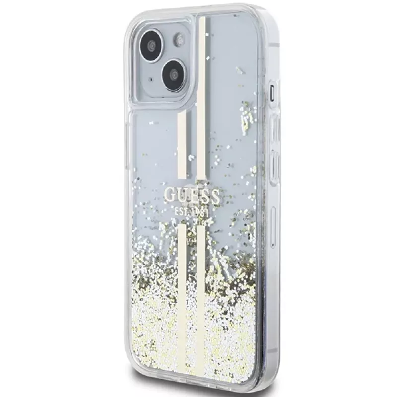 Guess GUHCP15MLFCSEGT iPhone 15 Plus / 14 Plus 6,7 inch priehľadné pevné puzdro Liquid Glitter zlaté pruhy