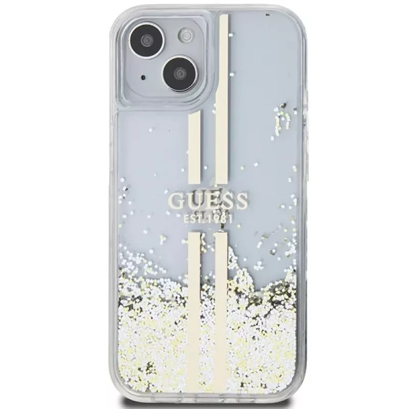 Guess GUHCP15MLFCSEGT iPhone 15 Plus / 14 Plus 6,7 inch priehľadné pevné puzdro Liquid Glitter zlaté pruhy