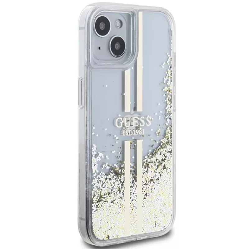 Guess GUHCP15MLFCSEGT iPhone 15 Plus / 14 Plus 6,7 inch priehľadné pevné puzdro Liquid Glitter zlaté pruhy