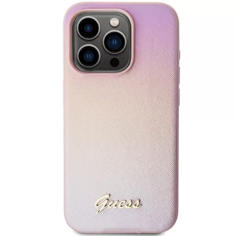 Guess Saffiano Iridescent Script pevné puzdro pre Apple iPhone 14 Pro Max 6,7 - ružová