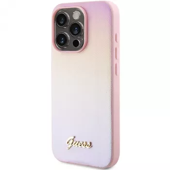 Guess Saffiano Iridescent Script pevné puzdro pre Apple iPhone 15 Pro 6,1 inch - ružová