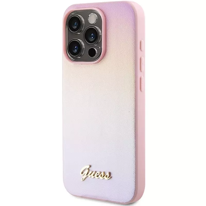 Guess Saffiano Iridescent Script pevné puzdro pre Apple iPhone 15 Pro 6,1