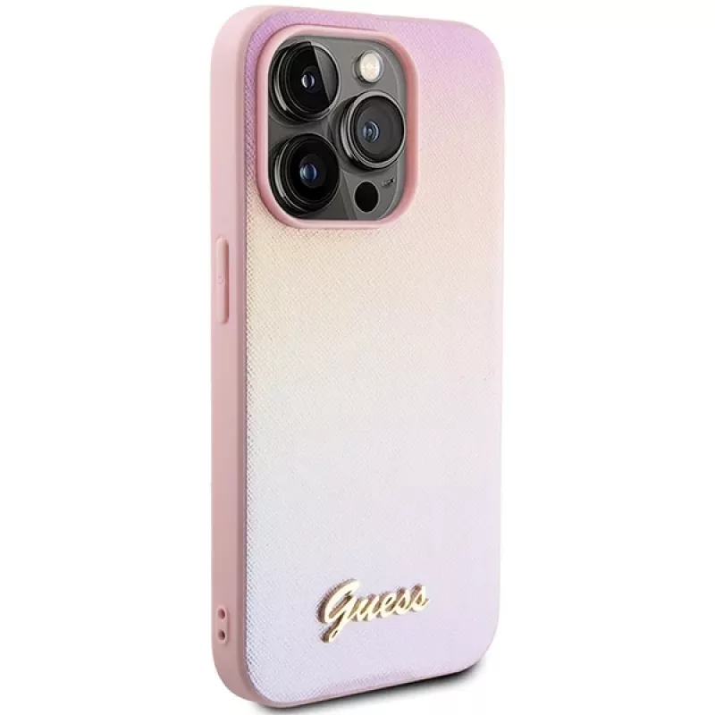 Guess Saffiano Iridescent Script pevné puzdro pre Apple iPhone 15 Pro 6,1