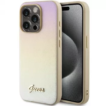 Guess GUHCP15LPSAIRSD Saffiano Iridescent Script pevné puzdro pre Apple iPhone 15 Pro 6,1 inch zlatá