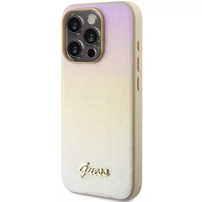 Guess GUHCP15LPSAIRSD Saffiano Iridescent Script pevné puzdro pre Apple iPhone 15 Pro 6,1