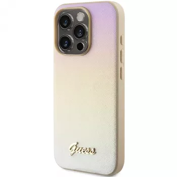 Guess GUHCP15XPSAIRSD Saffiano Iridescent Script pevné puzdro pre iPhone 15 Pro Max, zlatá