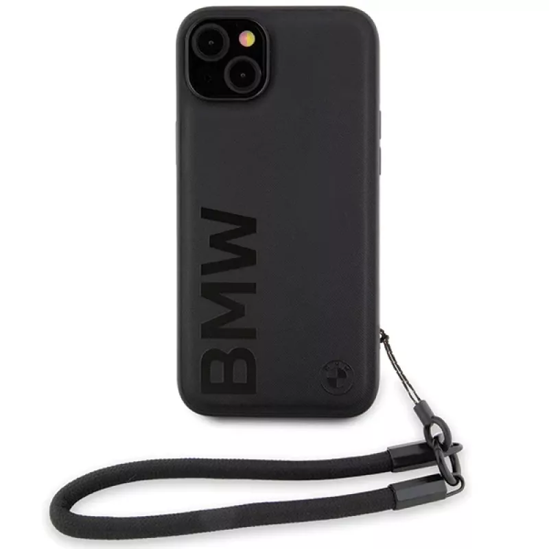 BMW Signature Leather Wordmark Cord pevné puzdro pre iPhone 15 Plus / 14 Plus 6,7