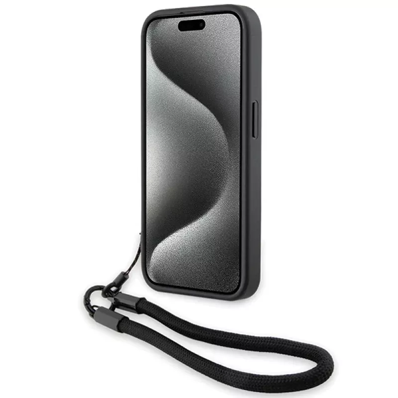 BMW Signature Leather Wordmark Cord pevné puzdro pre iPhone 15 Pro 6.1 čierna