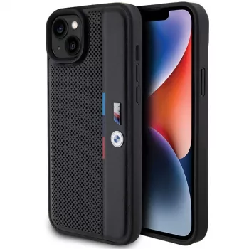 BMW M Collection pevné puzdro pre iPhone 15 Plus / 14 Plus 6,7 inch čierna perforovaná Tricolor Line