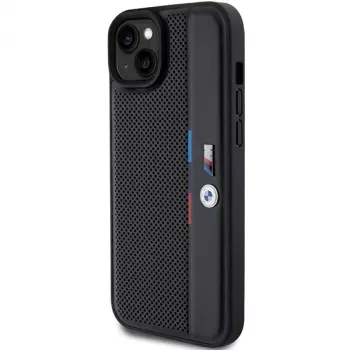 BMW M Collection pevné puzdro pre iPhone 15 Plus / 14 Plus 6,7 inch čierna perforovaná Tricolor Line