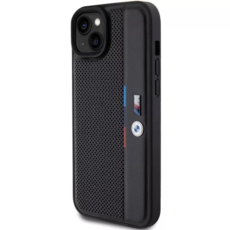 BMW M Collection pevné puzdro pre iPhone 15 Plus / 14 Plus 6,7 inch čierna perforovaná Tricolor Line
