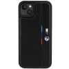 BMW M Collection pevné puzdro pre iPhone 15 Plus / 14 Plus 6,7 inch čierna perforovaná Tricolor Line