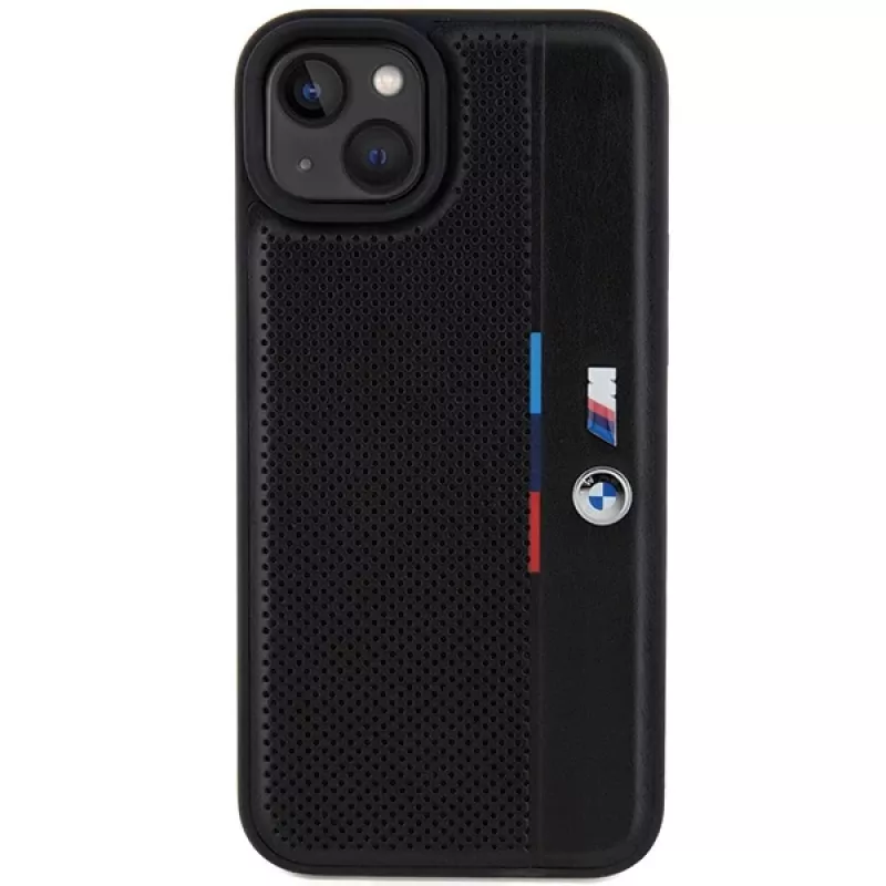 BMW M Collection pevné puzdro pre iPhone 15 Plus / 14 Plus 6,7 inch čierna perforovaná Tricolor Line
