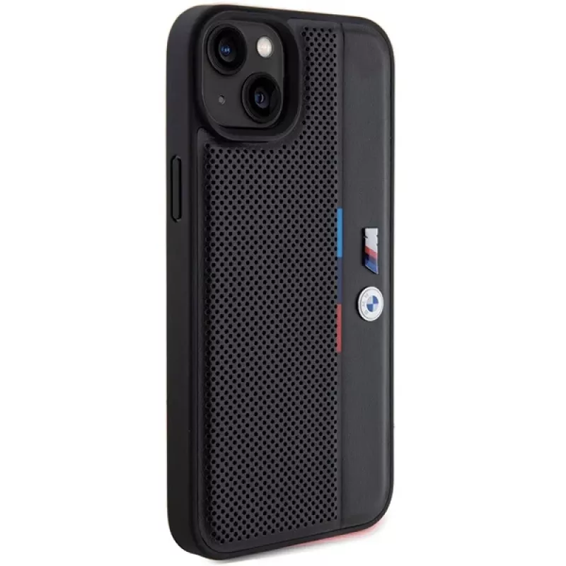 BMW M Collection pevné puzdro pre iPhone 15 Plus / 14 Plus 6,7 inch čierna perforovaná Tricolor Line