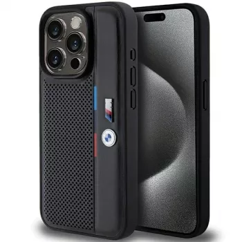 BMW Perforated Tricolor Line pevné puzdro pre Apple iPhone 15 Pro 6.1 čierna