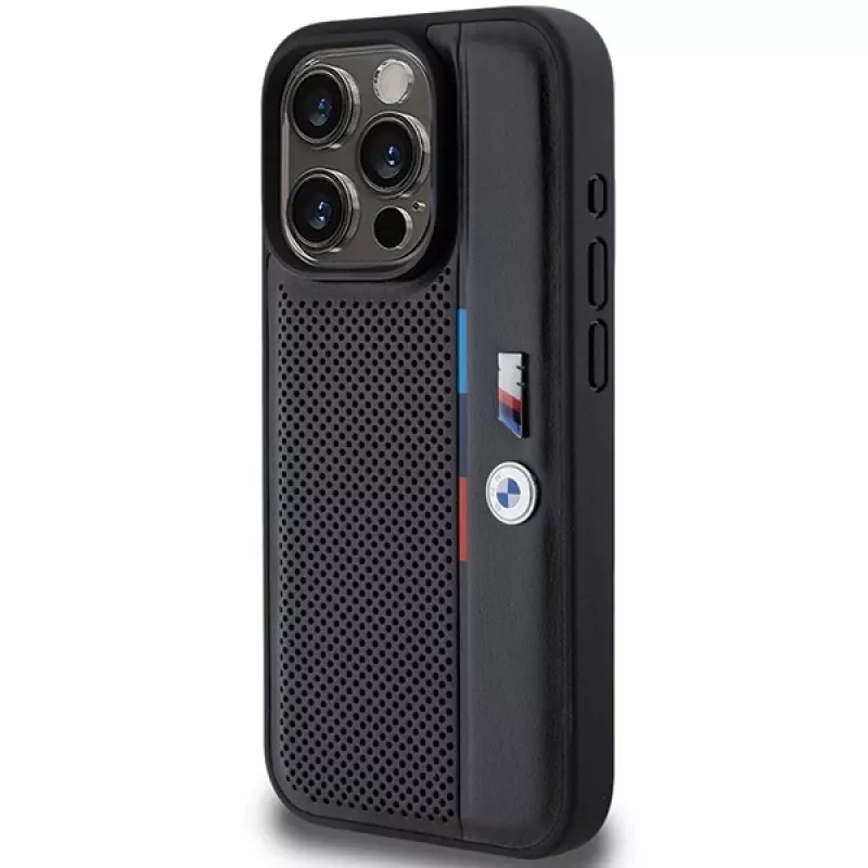BMW Perforated Tricolor Line pevné puzdro pre Apple iPhone 15 Pro 6.1 čierna