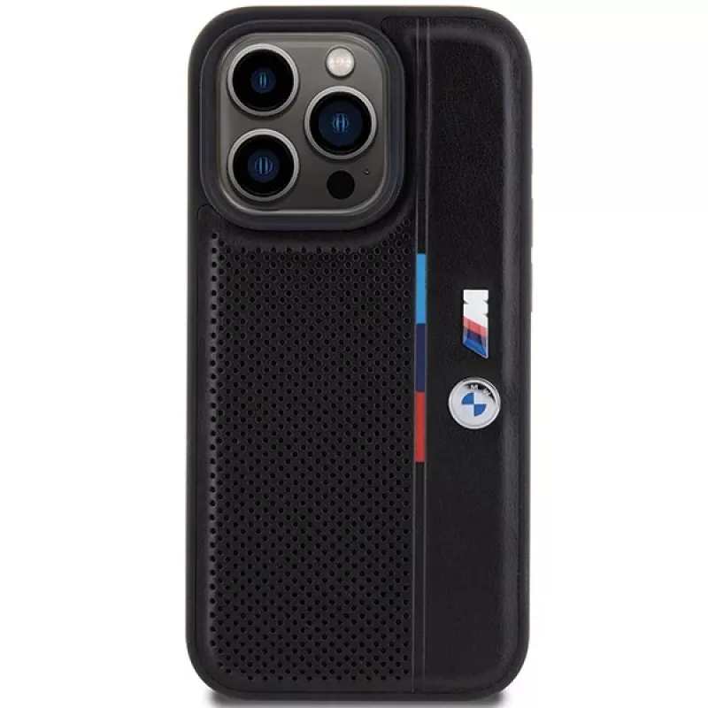 BMW Perforated Tricolor Line pevné puzdro pre Apple iPhone 15 Pro 6.1 čierna
