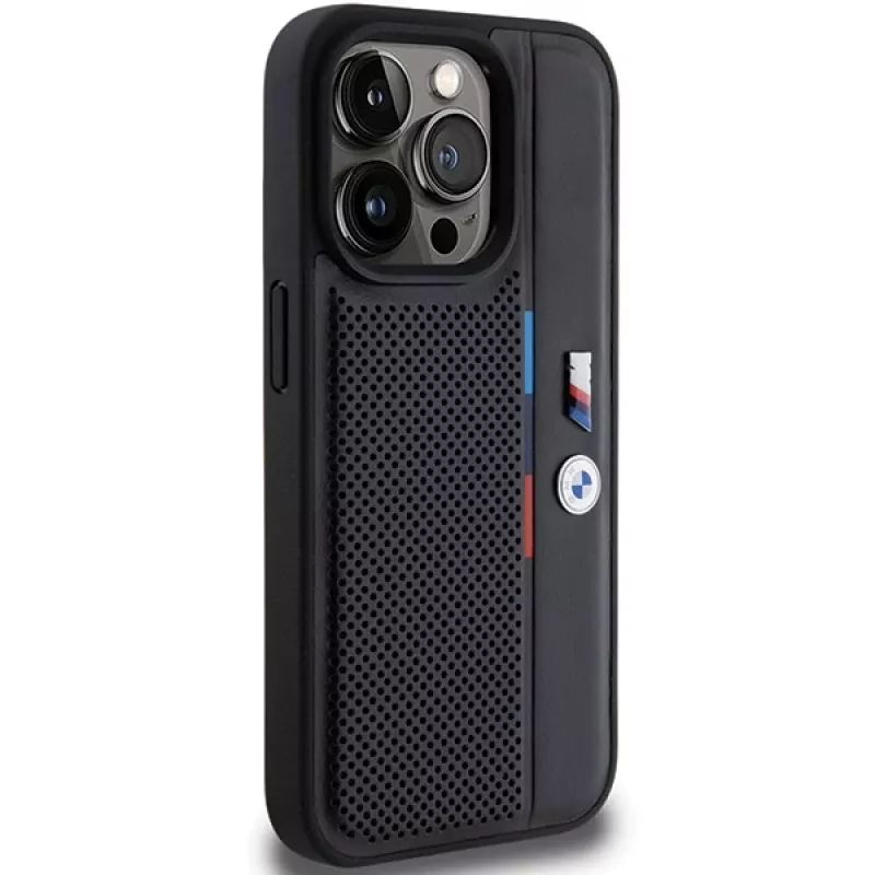 BMW Perforated Tricolor Line pevné puzdro pre Apple iPhone 15 Pro 6.1 čierna