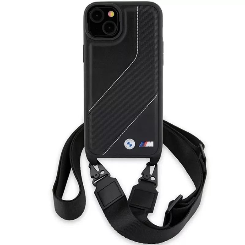 BMW BMHCP15S23PSCCK iPhone 15 / 14 / 13 čierna pevné puzdro M Edition Carbon Stripe & Strap