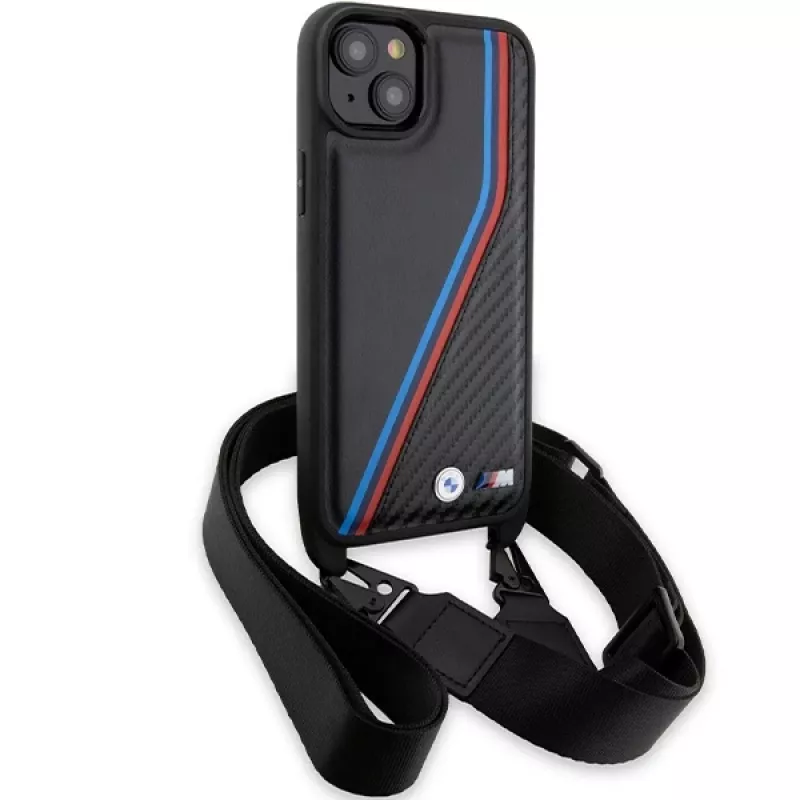 BMW BMHCP15S23PSVTK iPhone 15 / 14 / 13 čierna pevné puzdro M Edition Carbon Tricolor Lines & Strap