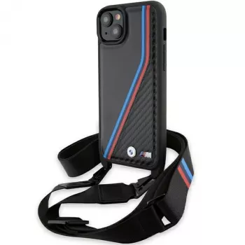 BMW M Edition Carbon Tricolor Lines pevné puzdro pre iPhone 15 Plus / 14 Plus 6,7 inch čierna s popruhom