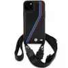 BMW M Edition Carbon Tricolor Lines pevné puzdro pre iPhone 15 Plus / 14 Plus 6,7 inch čierna s popruhom