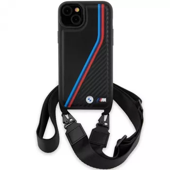 BMW M Edition Carbon Tricolor Lines pevné puzdro pre iPhone 15 Plus / 14 Plus 6,7 inch čierna s popruhom
