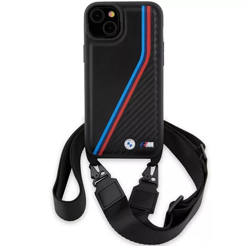 BMW M Edition Carbon Tricolor Lines pevné puzdro pre iPhone 15 Plus / 14 Plus 6,7 inch čierna s popruhom