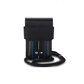 BMW Signature Collection puzdro peňaženka pre iPhone 15 Pro Max - čierna Carbon modré pruhy