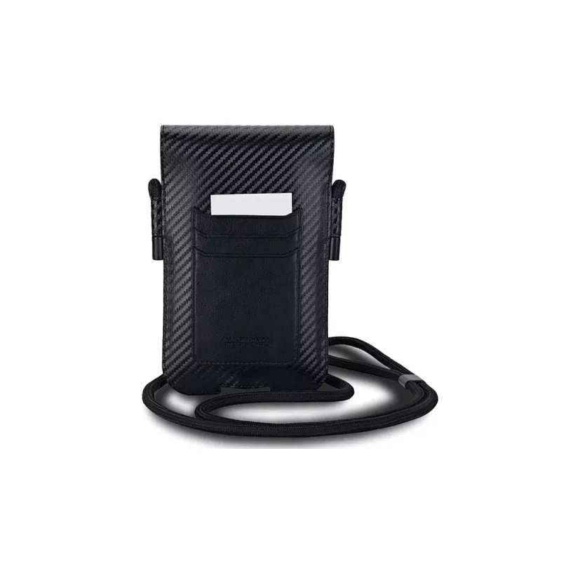 BMW Signature Collection puzdro peňaženka pre iPhone 15 Pro Max - čierna Carbon modré pruhy