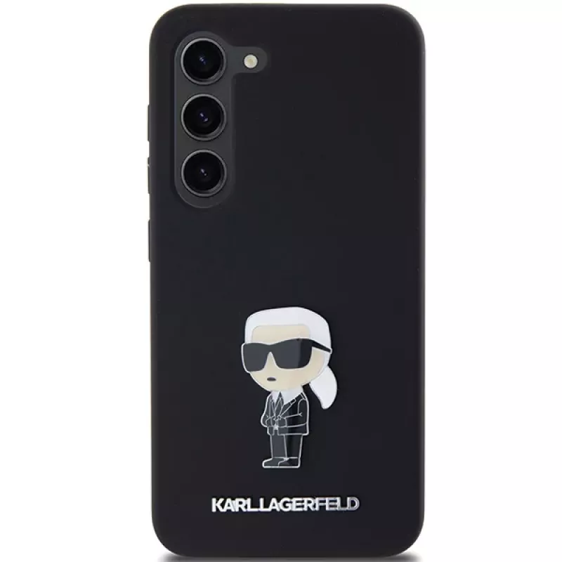 Karl Lagerfeld Ikonik kovový pin silikónové puzdro pre Samsung Galaxy S23 - čierne