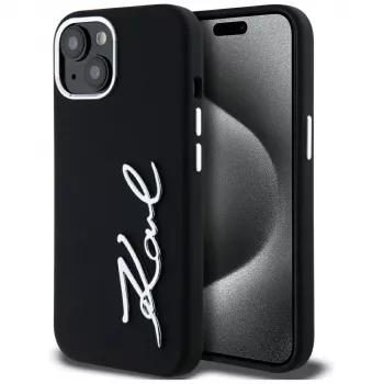 KARL LAGERFELD Silicone Metal Script Logo puzdro pre Apple iPhone 15, čierna