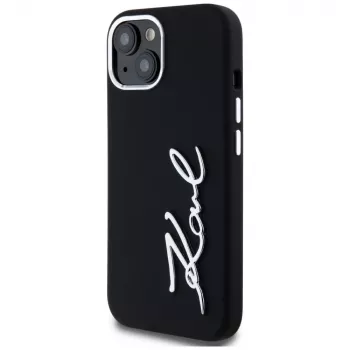 KARL LAGERFELD Silicone Metal Script Logo puzdro pre Apple iPhone 15, čierna