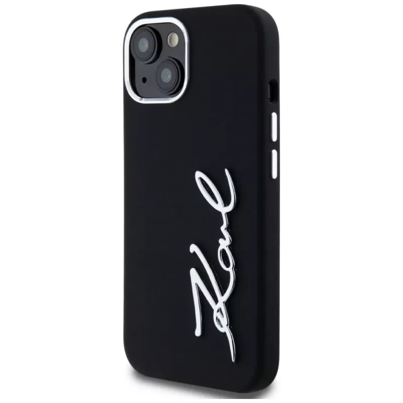 KARL LAGERFELD Silicone Metal Script Logo puzdro pre Apple iPhone 15, čierna
