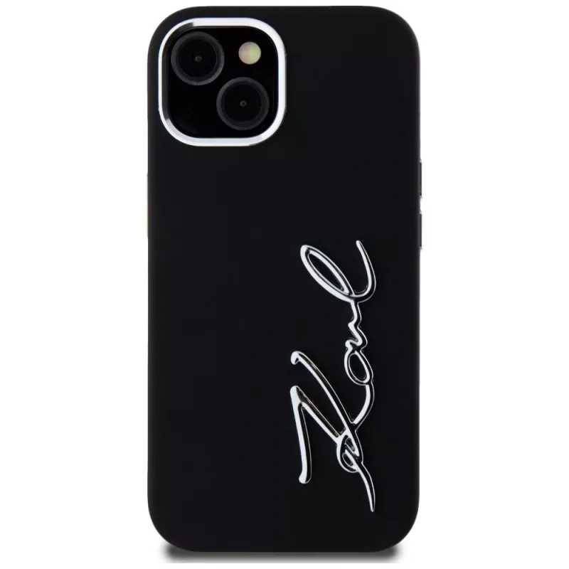 KARL LAGERFELD Silicone Metal Script Logo puzdro pre Apple iPhone 15, čierna