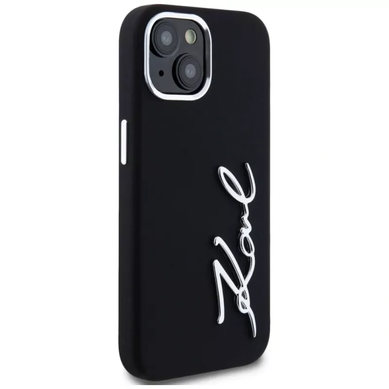 KARL LAGERFELD Silicone Metal Script Logo puzdro pre Apple iPhone 15, čierna
