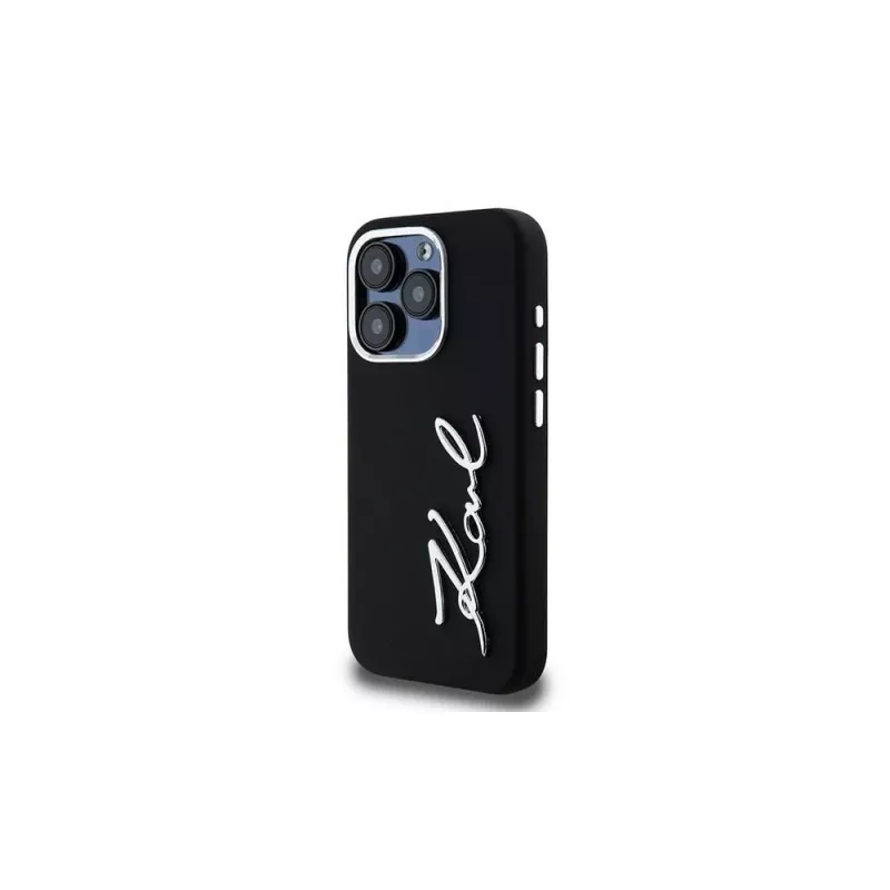KARL LAGERFELD Silicone Metal Script Logo puzdro pre Apple iPhone 15 Pro Max, čierna