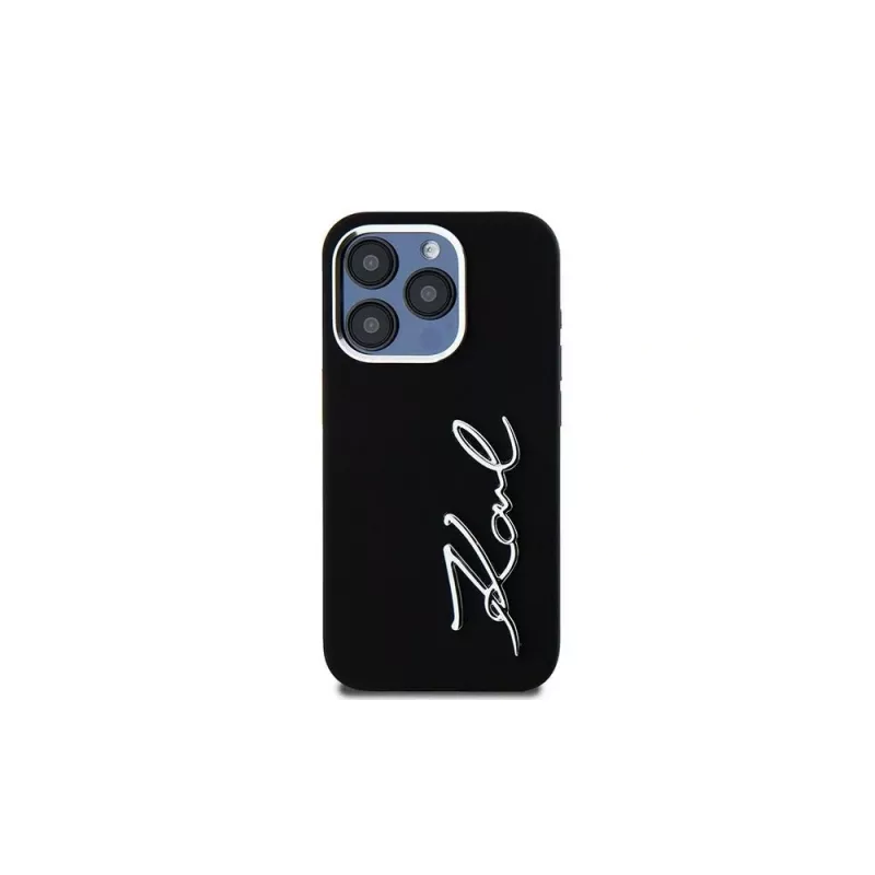 KARL LAGERFELD Silicone Metal Script Logo puzdro pre Apple iPhone 15 Pro Max, čierna