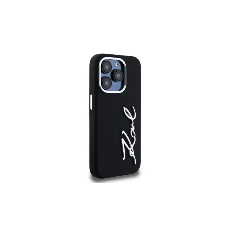 KARL LAGERFELD Silicone Metal Script Logo puzdro pre Apple iPhone 15 Pro Max, čierna