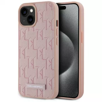 Karl Lagerfeld kožené monogramové kovové logo MagSafe puzdro pre iPhone 15 ružová