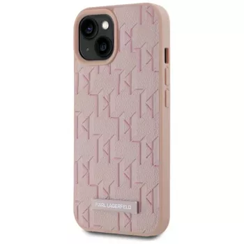 Karl Lagerfeld kožené monogramové kovové logo MagSafe puzdro pre iPhone 15 ružová