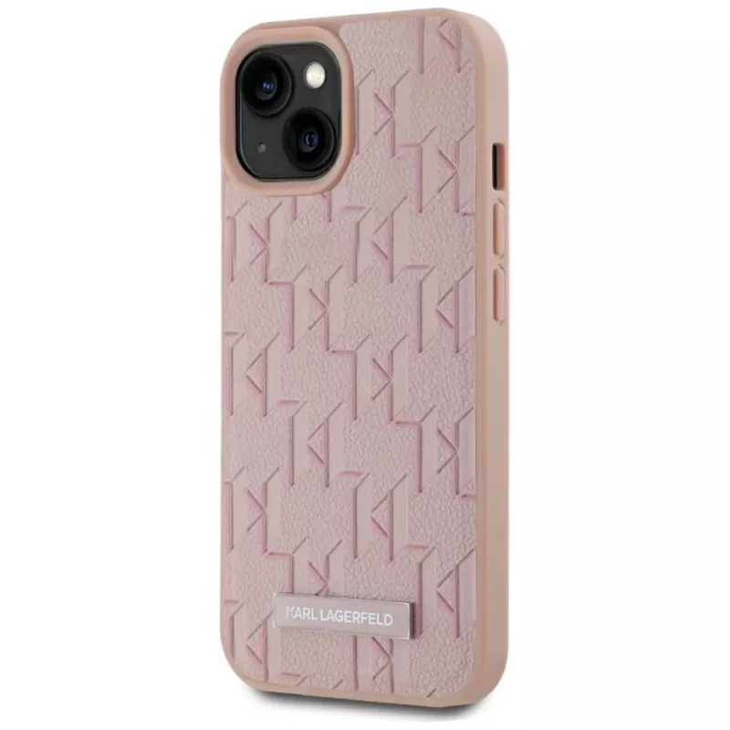 Karl Lagerfeld kožené monogramové kovové logo MagSafe puzdro pre iPhone 15 ružová