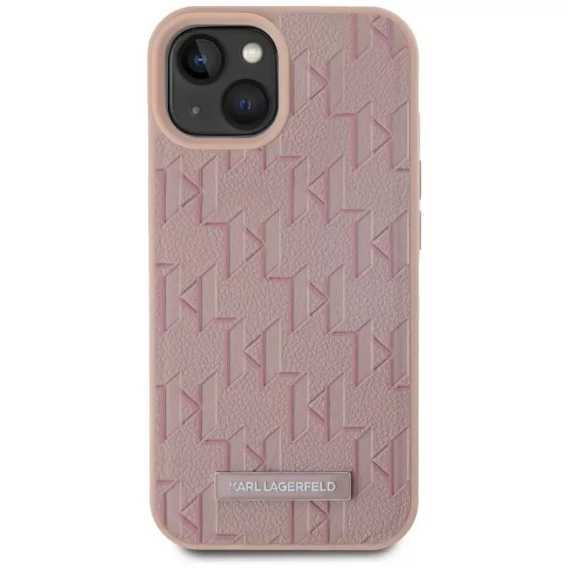 Karl Lagerfeld kožené monogramové kovové logo MagSafe puzdro pre iPhone 15 ružová