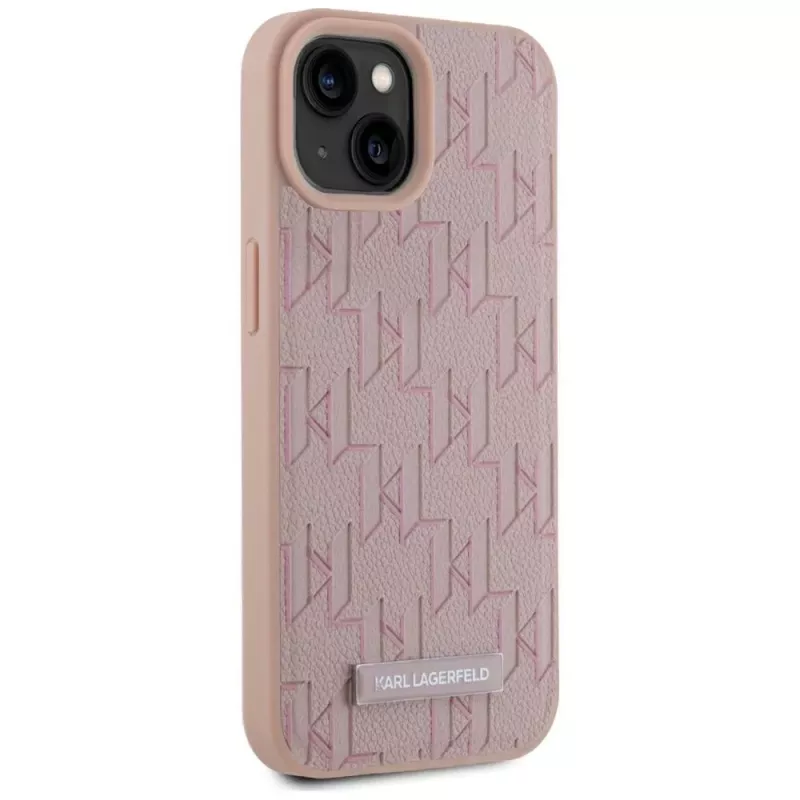 Karl Lagerfeld kožené monogramové kovové logo MagSafe puzdro pre iPhone 15 ružová